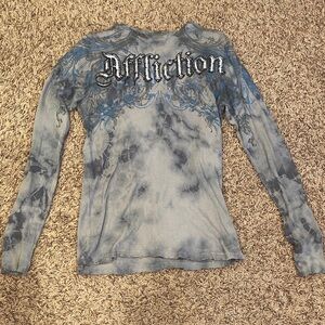 Vintage Affliction mens long sleeve shirt . Tie-Dye Blue and Gray Graphic Shirt